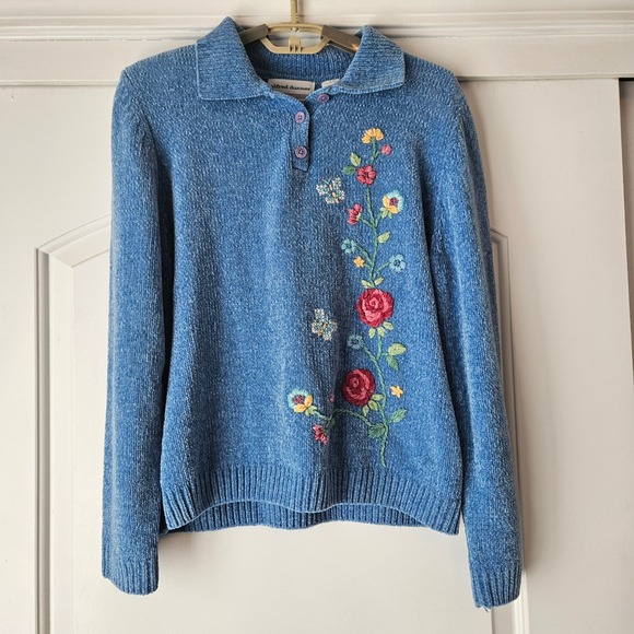 Alfred Dunner Sweaters - Alfred Dunner Sweater Womens PXL Blue Floral Embroidered Chenille Knit Spring